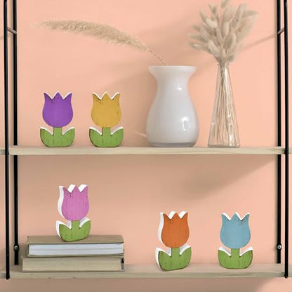 Gift Boutique 6Pcs Spring Tulip Wooden Signs Rustic Farmhouse Flower Table Decorations, Floral Tiered Tray Centerpieces, Tulips Flower Block Tabletop Home Decor