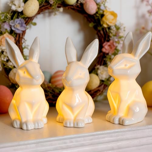 NEROSUN 3 Pack Easter Bunny Decorations, Ceramic White Rabbit Statues Ornaments, Lighted Bunny Table Centerpiece for Easter Party, Spring Home Decor and Shelf Display