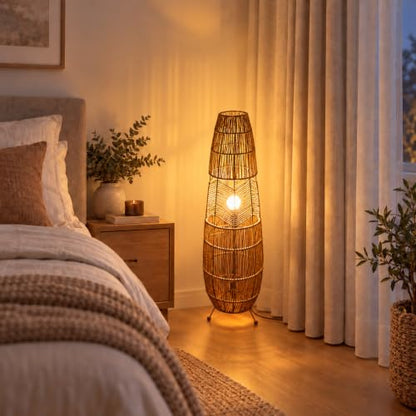 Hand Woven Rattan Floor Lamp,Boho Standing Lamps for Living Room - color: Rope