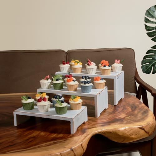 DAOYOUSKY Set of 3 Wooden Rustic Cupcake Stand for 24 Cupcakes, Stepped Wood Display Stand for Weddings, Tiered Party Buffet Table Display Nesting Riser for Food , Dessert, Cookie, Craft Show, White - color: White