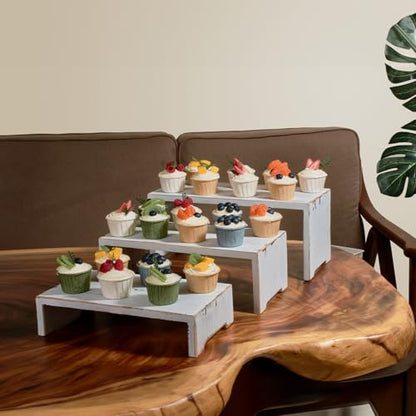 DAOYOUSKY Set of 3 Wooden Rustic Cupcake Stand for 24 Cupcakes, Stepped Wood Display Stand for Weddings, Tiered Party Buffet Table Display Nesting Riser for Food , Dessert, Cookie, Craft Show, White - color: White