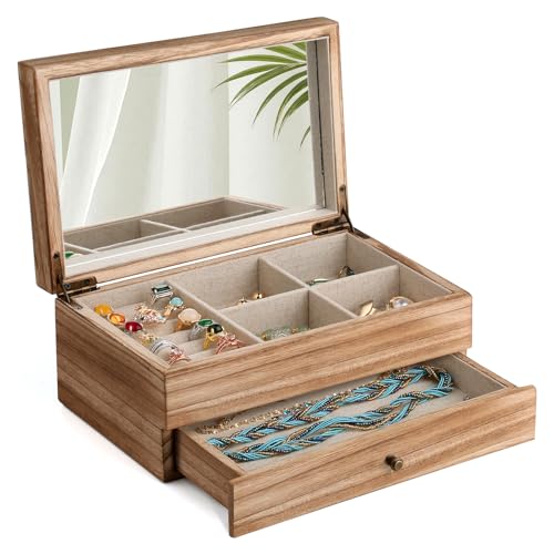 Meangood Jewelry Box Organizer for Women, 2 Layer Large Jewelry Storage Case, Rustic Wooden Jewelry Box with Mirror & Ring Tray for Necklace Earring Bracelets Rings, Vintage Style (Torched Wood) - color: Torched Wood, size: 1-Drawer