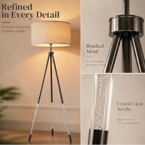 JOOFO Modern Metal Tripod Floor Lamp with Remote, 16.5" Linen Shade - color: Brushed Black