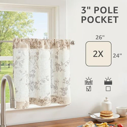 jinchan Floral Linen Kitchen Tier Curtains, 24 Inch, 2 Panels, Gray - color: Alisa Gray, size: 26"W x 24"L (Pack of 2)