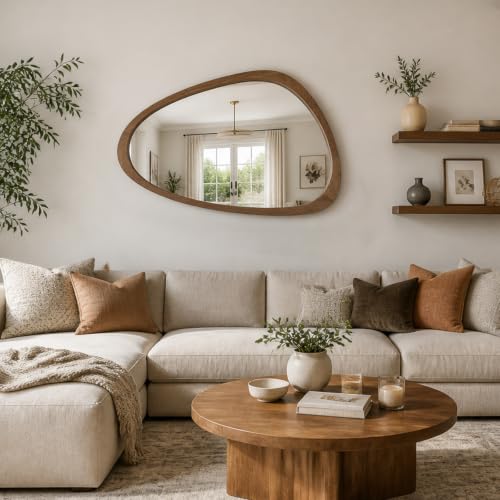 Asymmetrical Irregular Solid Wood Framed Wall Mirror, 24"x36" - color: Walnut, size: 36"L x 24"W