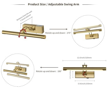 Battery Operated Picture Light with Remote,Wireless Gallery Lights Brass 12in Rechargeable Display Light with Flexible Swing Arm,Dimmable Wall Sconce for Artwork on Wall - color: Model A-Brass