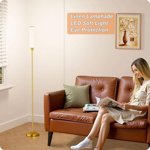 Nukanu Floor Lamp with Remote Control,brassgold,Linen lampshade - color: brassgold+Beige linen