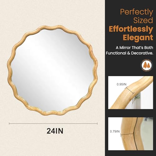 Round Wavy Wood Bathroom Vanity Mirror, 24" Boho Decorative Wall Mirror - color: Natural B, size: 24"L x 24"W