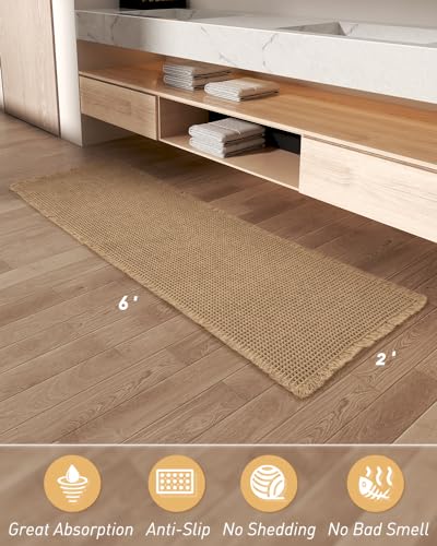 Upgraded Waffle Bath Mat Runner Absorbent Non Slip Bathroom Mat, 2' x 6' - color: Brown, size: 2' x 6'