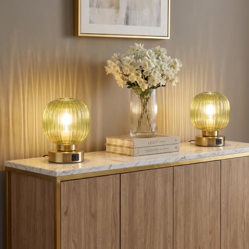 Elenhome Touch Table Lamp Set of 2, 3-Way Dimmable with Glass Shade, USB-C+A Charging Ports, Mid-Century Modern Small Bedside Lamps for Nightstand, Bedroom, and Living Room, LED Bulb Included (Green) - color: Green_2pack