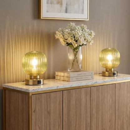 Elenhome Touch Table Lamp Set of 2, 3-Way Dimmable with Glass Shade, USB-C+A Charging Ports, Mid-Century Modern Small Bedside Lamps for Nightstand, Bedroom, and Living Room, LED Bulb Included (Green) - color: Green_2pack