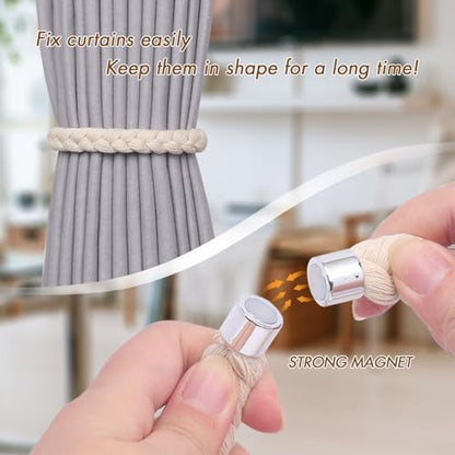 NICEEC 4 Pack Natural Cotton Rope Magnetic Curtain Tiebacks Elegant Twisted Braid Style Drape Tie Backs Soft Hand-Woven Rope Curtain Holdbacks for Home & Office Window Draperies (Beige-01) - color: Beige-01, size: 4 Pack