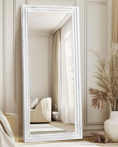 71x30in Full Length Mirror, 3-Tier Stepped Solid Wood Frame, White - color: White, size: 71"L x 30"W
