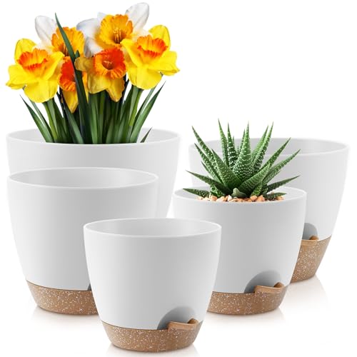 YNNICO Plant Pots 10/9/8/7.5/7 inch, Self Watering Planters with Drainage Holes & Saucers for Indoor and Outdoor Plants (White) - color: White, size: 10/9/8/7.5/7 inch