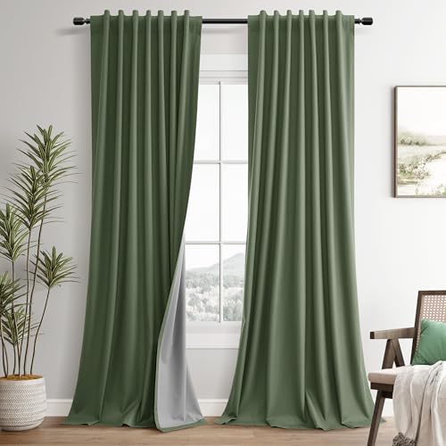 Guken Olive Green 100% Blackout Linen Curtains 94 Inches Long 2 Panels Back Tab Hook Belt Country Farmhouse Black Out Room Darkening Thermal Insulated Noise Reducing Curtain Living Room Bedroom 52x94 - color: Olive Green, size: 52"W x 94"L (Pack of 2)