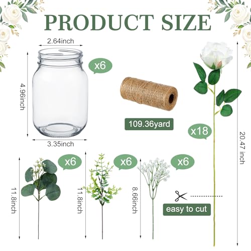 43 Pcs/ 6 Set White Rose Mason Jar Table Centerpiece Mason Jar Vases - size: Rose