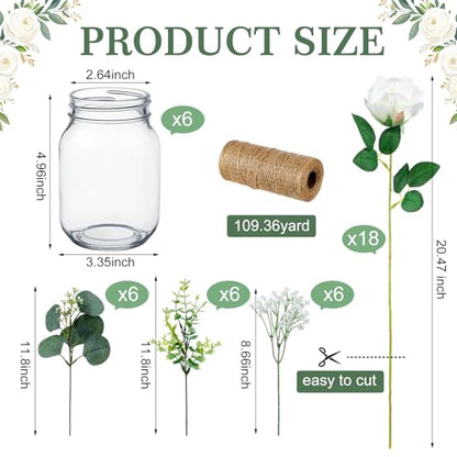 43 Pcs/ 6 Set White Rose Mason Jar Table Centerpiece Mason Jar Vases - size: Rose