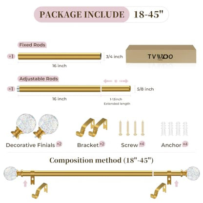 TVWOO Gold Rainbow Curtain Rods Adjustable Heavy Duty Crystal Ball,18-45" - color: Gold, size: 18-45" ( 1pack )