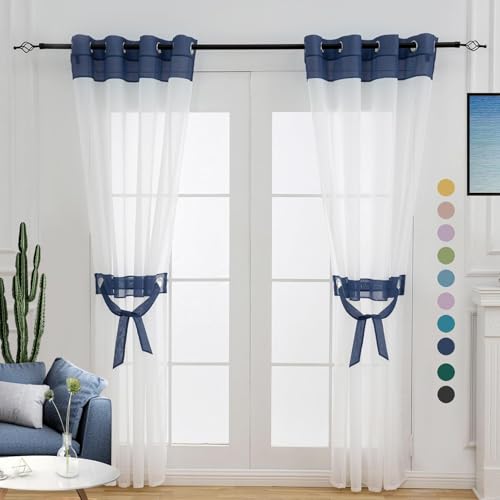 L.Z.E Navy Blue Sheer Curtains 96 Inches Long 2 Panels Set for Living Room, White and Dark Blue Sheer Curtains for Bedroom Kids Room Dining Room, Grommet Top See-Through Window Sheers (56" W x 96" L) - color: Navy, size: 56"W x 96"L (Pack of 2)