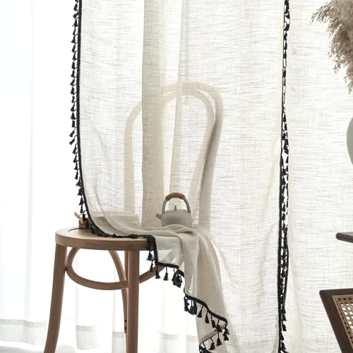 Boho Country Style Curtains, W40 x L96, Black Tassels, 2 Panels - color: Black, size: 40"W x 96"L (Pack of 2)