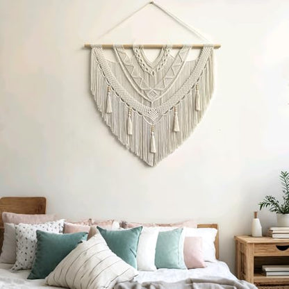 guzhiou Large Macrame Wall Hanging, Boho Woven Tapestry Decor Art, 43"x40" - color: Bead Fringe