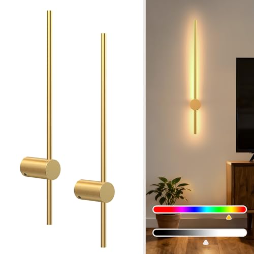 NIORSUN 24 Inch Battery Operated Wall Sconce Set of 2,Gold Minimalist Rechargeable LED Wall Lights with Remote, 10 Colors Dimmable Wireless Wall Lamp for Living Room Bedroom Hallway - color: Gold, size: 24 Inch