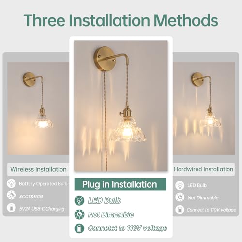 Shenmoyl Vintage Wall Sconce with Clear Lily of the Valley Glass Shade Hanging Wall Sconce with 4.9FT Plug in Cord, Modern Wall Lamp Fixtures Decor for Bedside Bedroom Indoor Doorway - color: Lily of the Valley-Clear, size: 1Pack-Plug in
