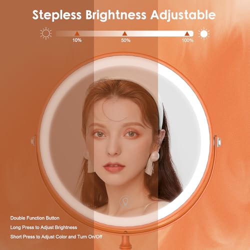 DEIOVWXS Makeup Mirror, Rechargeable Vanity Mirror with 3 Lights, 1X/10X - color: Orange
