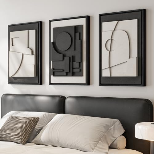 3D Textured Framed Black and White Abstract Wall Art Set of 3, 16x24 In - color: Black and White, size: 16"w X 24"h X 3pcs