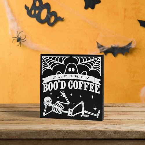 Smile Halloween Wood Box Sign, Skull Faux Books, Boo Coffee Table Decor for Desk Shelf Bar Kitchen 5 x 5 x 0.7Inches