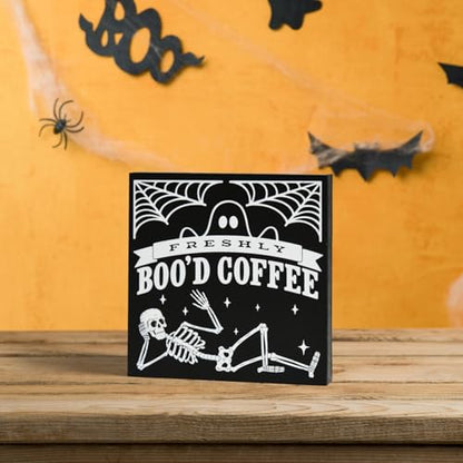 Smile Halloween Wood Box Sign, Skull Faux Books, Boo Coffee Table Decor for Desk Shelf Bar Kitchen 5 x 5 x 0.7Inches