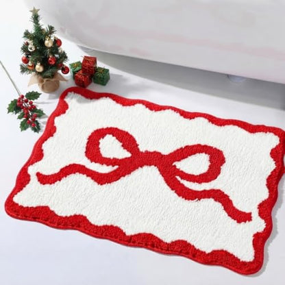 Tinideya Red Bow Bathroom Rug 16" x 24" Scalloped Bow Bath Mat - color: Red, size: 16" x 24" (Rectangular)
