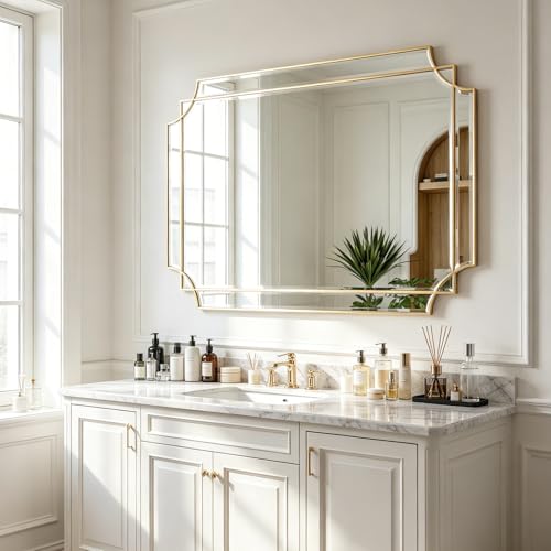 48"x32" Large Rectangle Beveled Mirror with Gold Geometric Frame - color: Gold, size: 48"L x 31.6"W
