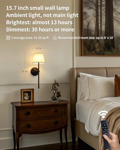 KDG Black Cordless Wall Sconces Set of 2, Beige Fabric LED Wall Lamps - color: Black + Beige Lampshde (2 Pack)