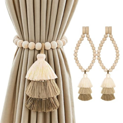 Magnetic Curtain Tiebacks with Wood Beads, Boho Rope Drapery Holdbacks with Triple Tassels, No Drill Curtain Holders for Farmhouse Bedroom, Living Room or Nursery, 2 Pack, Beige Taupe Brown - color: Beige/Taupe/Brown