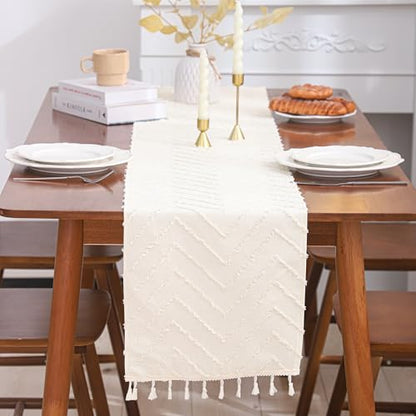 Boho Table Runner 12×120 Long with Tassels Beige Wave Fall Decor - color: Beige Wave