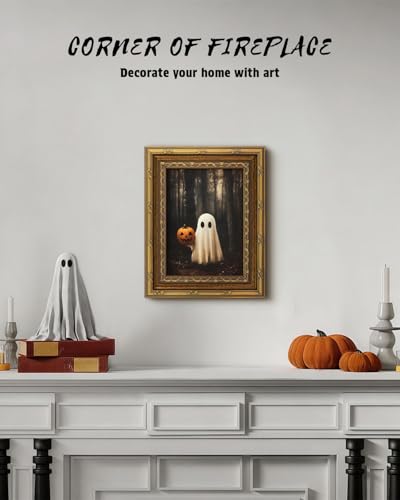VIYYIEA Gold Framed Pumpkin Ghost Canvas Art, Gothic Halloween, 8x10in - color: Ghost Pumpkin Art, size: 10"L x 8"W