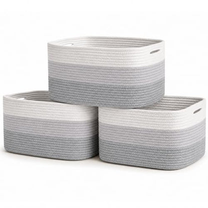 OrganiHaus Cotton Rope Baskets for Shelves, Set of 3, 15x9x10 - color: 3-toned Gray