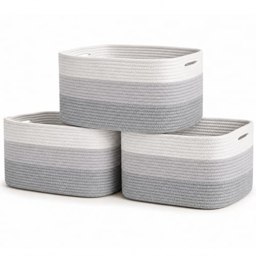 OrganiHaus Cotton Rope Baskets for Shelves, Set of 3, 15x9x10 - color: 3-toned Gray