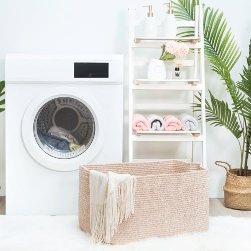 MINTWOOD Design 22in Extra Large Blanket Basket Holder Living Room, Rectangle Rope Woven Storage Basket with Handles for Laundry, Pool Towels, and Shoes, Dog Toy Organizer Bin Box, Oatmeal Brown - color: Oatmeal Brown