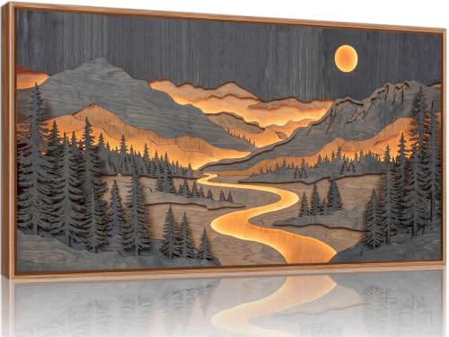 Tinonedraw Dark Mountain Framed Canvas Wall Art, Rustic Nature Woodland Landscape Wall Decor, Woodcut Pine Trees Artwork, Horizontal Retro Sunset Aesthetic Art Paintings for Living Room Cabin 20"x40" - color: Dark Mountain, size: 40"L x 20"W