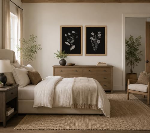 2Pcs Framed Canvas Botanical Wall Art Black Floral Print 16x24 Inch - color: Blackened flowers, size: 24"L x 16"W