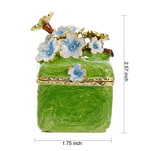 Hand Painted Trinket Box for Home Decor, Hinged Enameled Jewelry Box for Ring Earrings Jewelry Organizer, Unique Vintage Bejeweled Storage Figurine Collectible Keepsake (Flower-Green)