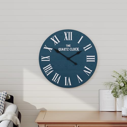 ARTPOWER 24" Extra Large Farmhouse Wall Clock,Solid Wood Veneer,Blue - color: Blue, size: 24"W x 24"H