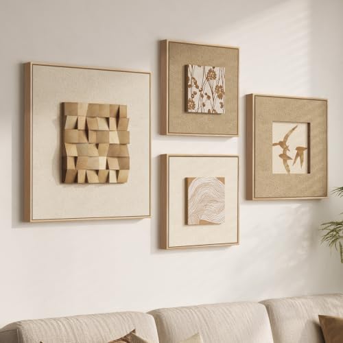 Large Framed 3D Textured Wood Wall Art 4 for Living Room, Neutral Set of 4 - color: Beige -A, size: 28x28" + (20x20") x2ps +24x24"