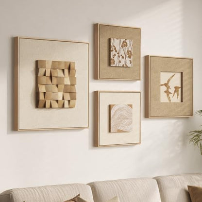 Large Framed 3D Textured Wood Wall Art 4 for Living Room, Neutral Set of 4 - color: Beige -A, size: 28x28" + (20x20") x2ps +24x24"