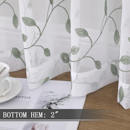 Tollpiz Leaves Sheer Tier Curtain Sage Green Leaf Embroidery Kitchen Half Curtains Rod Pocket Voile Faux Linen Embroidered Leaves Curtain for Bathroom, 30 x 36 inches Long, Set of 2 Panels - color: Sage Green, size: 30"W x 36"L (Pack of 2)