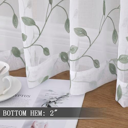 Tollpiz Leaves Sheer Tier Curtain Sage Green Leaf Embroidery Kitchen Half Curtains Rod Pocket Voile Faux Linen Embroidered Leaves Curtain for Bathroom, 30 x 36 inches Long, Set of 2 Panels - color: Sage Green, size: 30"W x 36"L (Pack of 2)