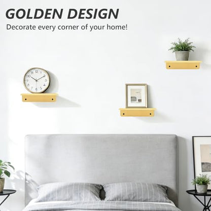 SMILECAT 7inch Small Floating Book Shelves for Wall Storage Set of 2.Wall Mounted Command Shelf for Bathroom,Bedroom,Living Room, Mini Tiny Display Hanging Shelves for Storage/Perfume/Room Decor.Gold