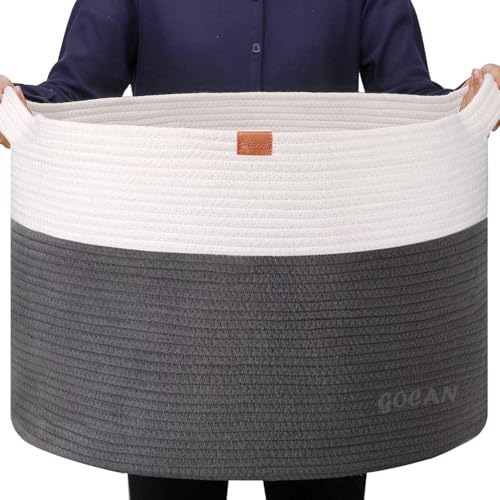 Cotton Rope Woven Laundry Basket 22"X 22"X 14" with handles(Grey/Beige)XXXL - color: Grey/Beige